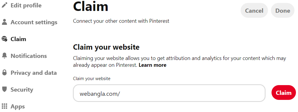 অফ পেজ এসইও Pinterest claim site